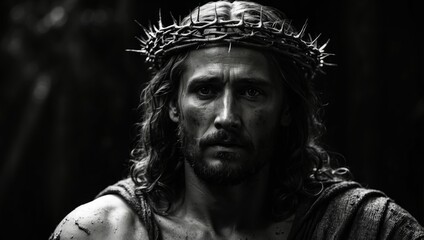 Jesus Christ with crown of thorns on dark background, black and white.