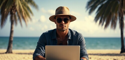 Fototapeta premium Man freelancer in hat and sunglasses using laptop while sitting on the sandy tropical sea beach with space for copy.