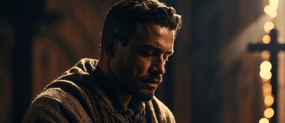 Praying man in front of the cross Christian concept.