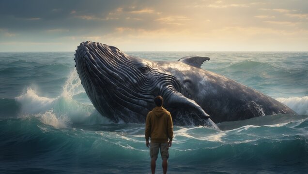 Jonah and the Whale Whale in the ocean with a man Watercolor digital illustration.