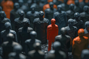 Obraz premium Red Figure Outstands From The Crowd Group. Worst Candidate For A Job Offer. Recruitment HR concept, Head Hunting. The best employee.
