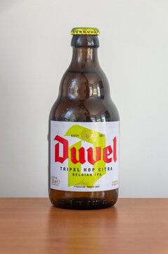 Pruszcz Gdanski, Poland - May 11, 2024: Bottle of Duvel tripel hop citra belgian IPA beer.