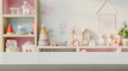 Empty tabletop on the background of a children's room with toys. Countertop in the interior with toys for product presentation. White mockup with playground in kindergarten.