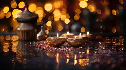 Glowing Diwali oil lamps placed on water accompanied by flowers and festive bokeh lights in the background