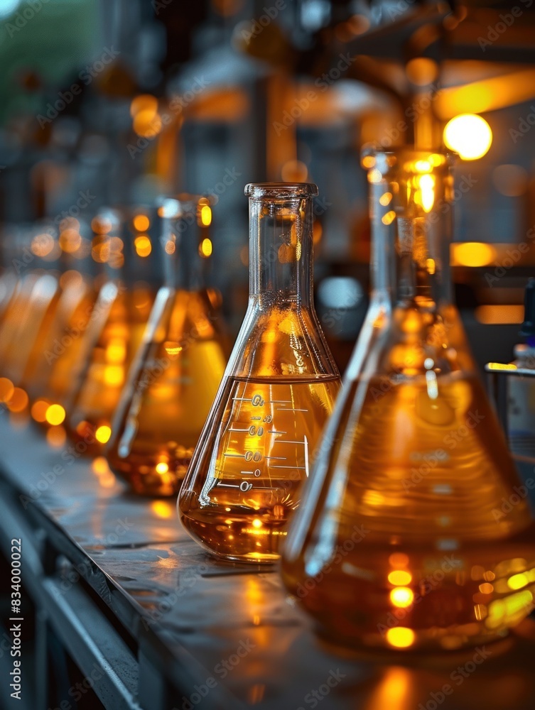 Poster a row of erlenmeyer flasks filled with yellow liquid sits on a metal table in a laboratory