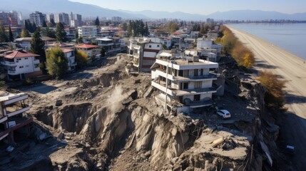 An aerial view of destroyed buildings and houses after a significant natural disaster with geological impact