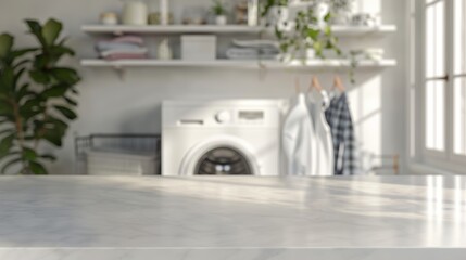 White countertop in laundry room for product presentation. Empty tabletop against the background of a washing machine with shelves, clothes and plants.