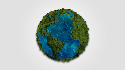 Green World Map, 3D tree or forest shape of world map isolated on white background. World Map Green Planet Earth Day or Environment day Concept. Green earth with electric car. Paris agreement concept.