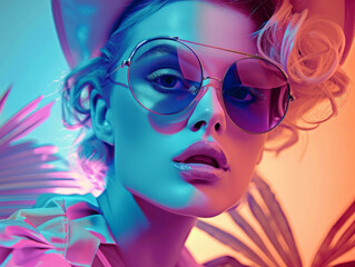 Obraz premium Retro style pastel colors summer background. Fashion woman wearing big sunglasses.