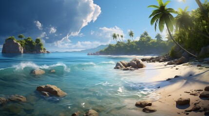 Scenic Tropical Beach with Clear Blue Waters and Palm Trees