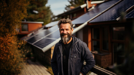 A smiling man with a beard stands in front of a solar-paneled sustainable house amidst trees