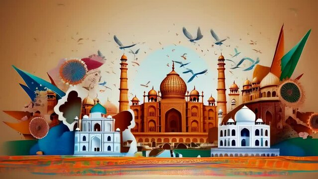 A bright illustration features famous Indian landmarks like the Taj Mahal and Red Fort. Cultural symbols like peacocks and traditional patterns emphasize Indian heritage. Birds and flags add vibrancy.