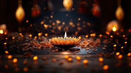 A festive diya oil lamp surrounded by flower petals creates an inviting atmosphere for celebrations