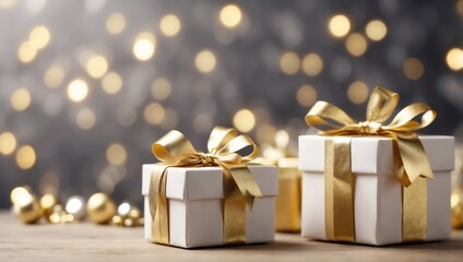 Christmas White gift boxes with golden bow on bokeh background with copy space.