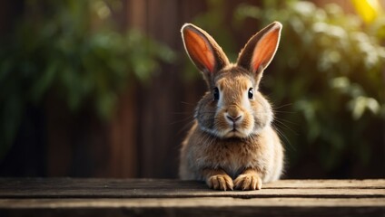 Fototapeta premium Cute rabbit hiding behind of wooden board, Easter holiday concept with space for copy.