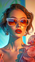 Fototapeta premium Retro style pastel colors summer background. Fashion woman wearing big sunglasses.