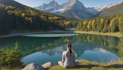 A woman practicing yoga and meditating amidst a serene mountain landscape, finding peace and relaxation in nature