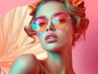 Fototapeta premium Retro style pastel colors summer background. Fashion woman wearing big sunglasses.