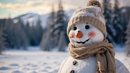Snowman with hat and scarf on the snowy landscape with blurred fir tree forest background.
