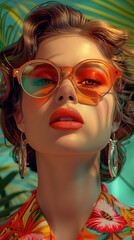 Obraz premium Retro style pastel colors summer background. Fashion woman wearing big sunglasses.