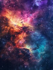 A vibrant cosmic scene featuring a nebula with bright orange, purple, and blue hues against a star-filled background. The colors blend seamlessly, interstellar clouds and light.