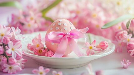 Pastel Easter setting with a decorated egg tied with a ribbon on a white plate, surrounded by pink hyacinth flowers.