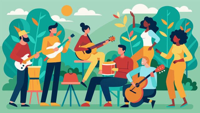 A group of musicians of all skill levels from beginners to experts come together to share their love of music in a community jam session at the local. Vector illustration