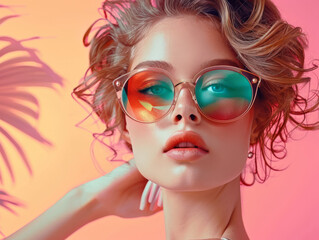 Fototapeta premium Retro style pastel colors summer background. Fashion woman wearing big sunglasses.