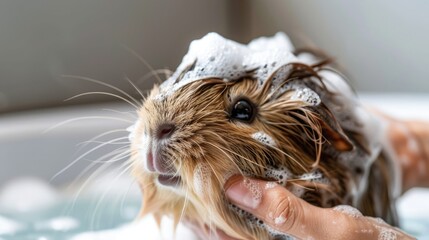 Calm guinea pig enjoying a gentle bath by a careful hand, looking serene and relaxed