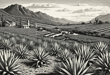 AI-generated woodcut design of a Mexican agave field, where farmers cultivate and harvest the plant to produce tequila, capturing the vintage essence of the industry in a poster or menu illustration