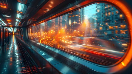 Fototapeta premium Vibrant Train Cabin with Blurred City Scenery Passing By in Motion