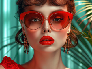 Fototapeta premium Retro style pastel colors summer background. Fashion woman wearing big sunglasses.