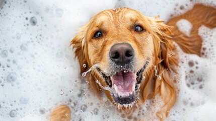 Happy golden retriever in a bubble bath