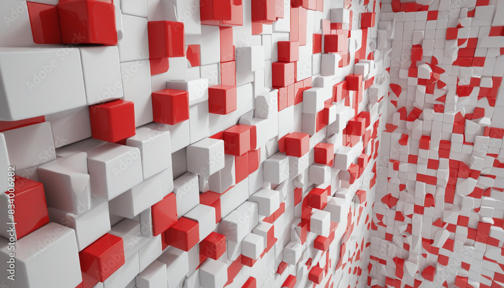 Poster modern geometric illustration with red cubes on white background in a 3d render design