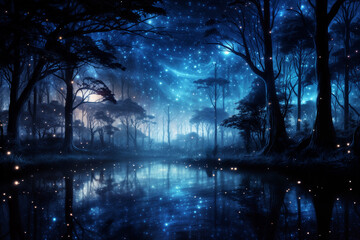 night fairy forest with flying lights and glow reflected in the water, black silhouettes of trees against the starry sky