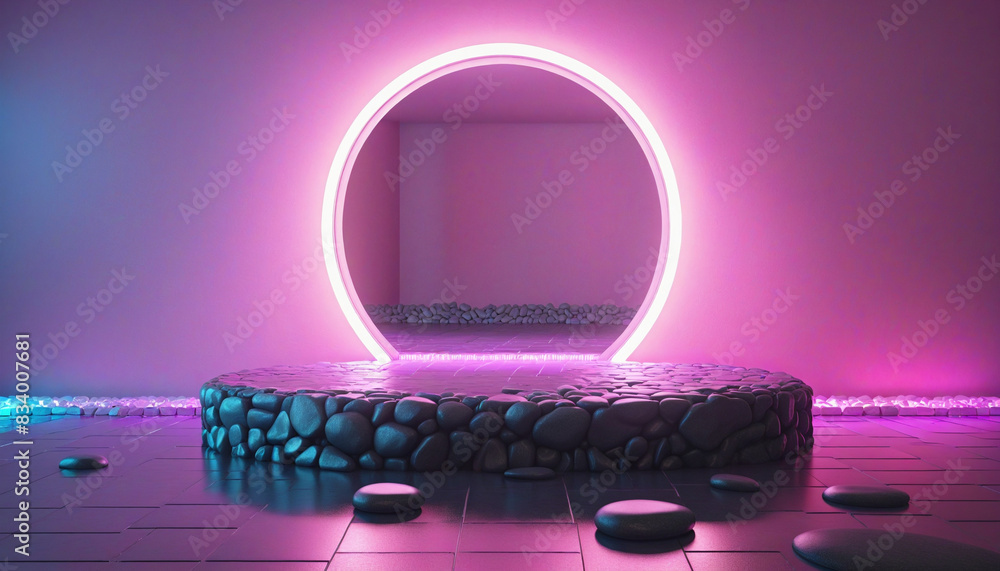 Poster three-dimensional neon ring on cobble stone rocks in a futuristic showcase scene for product display
