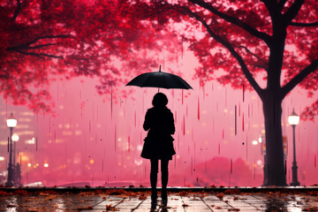 silhouette of a girl standing with an umbrella in the rain, under a tree, against the background of a night city