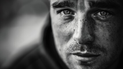 Close up portrait of a man in black and white captured in macro with a blurred background