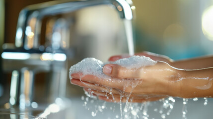 Fototapeta premium A close-up of a person washing their hands with soap, washing hands, hd, with copy space