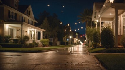 Tranquil Residential Street Illuminated by Porch Lights in Timelapse Style.