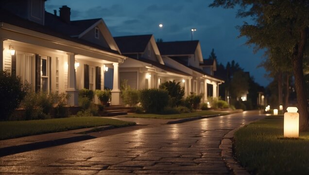 Tranquil Residential Street Illuminated by Porch Lights in Timelapse Style. - Powered by Adobe