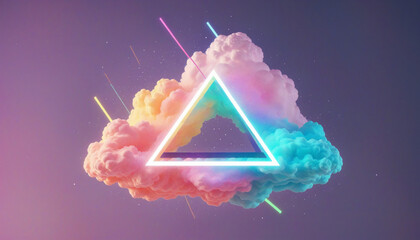 3D rendering of a surreal neon triangle suspended in a pastel cloud, creating a futuristic and fantastic atmosphere
