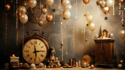 A vintage-style New Year's Eve scene features an antique clock, golden balloons, candles, and festive decorations. The setting exudes an elegant and nostalgic mood with warm lighting and classic decor
