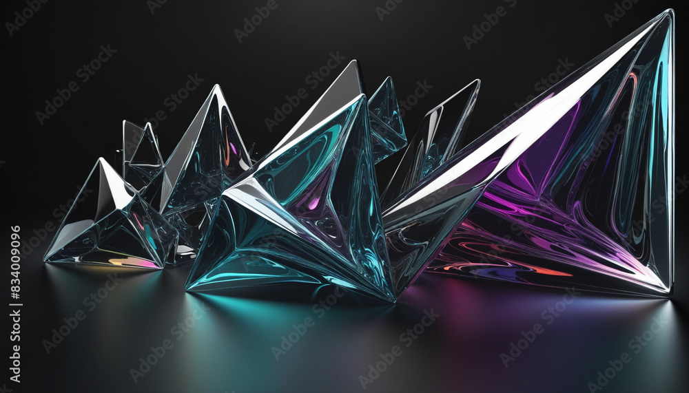Poster abstract 3d render with iridescent glass shapes on a dark background