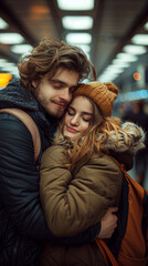 Obraz premium A young couple hugging warmly in a busy train station during winter. POV Point of View shooting trend.