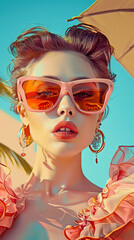 Obraz premium Retro style pastel colors summer background. Fashion woman wearing big sunglasses.