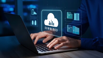 Businessman downloading data or documents to computer files. cloud storage technology, backup cyber security system