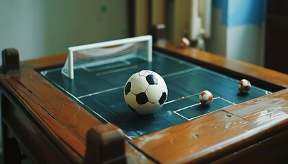 A football on a table with goal net for banner football champion ship generated by AI