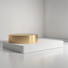 Three-dimensional minimalist geometric pedestal with gold square frame and water reflection on futuristic clean stage