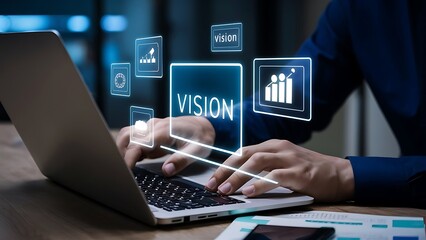 Person use laptop and hand touching values, vision and mission icons on virtual screen. Corporate communications to specify policy and business direction.